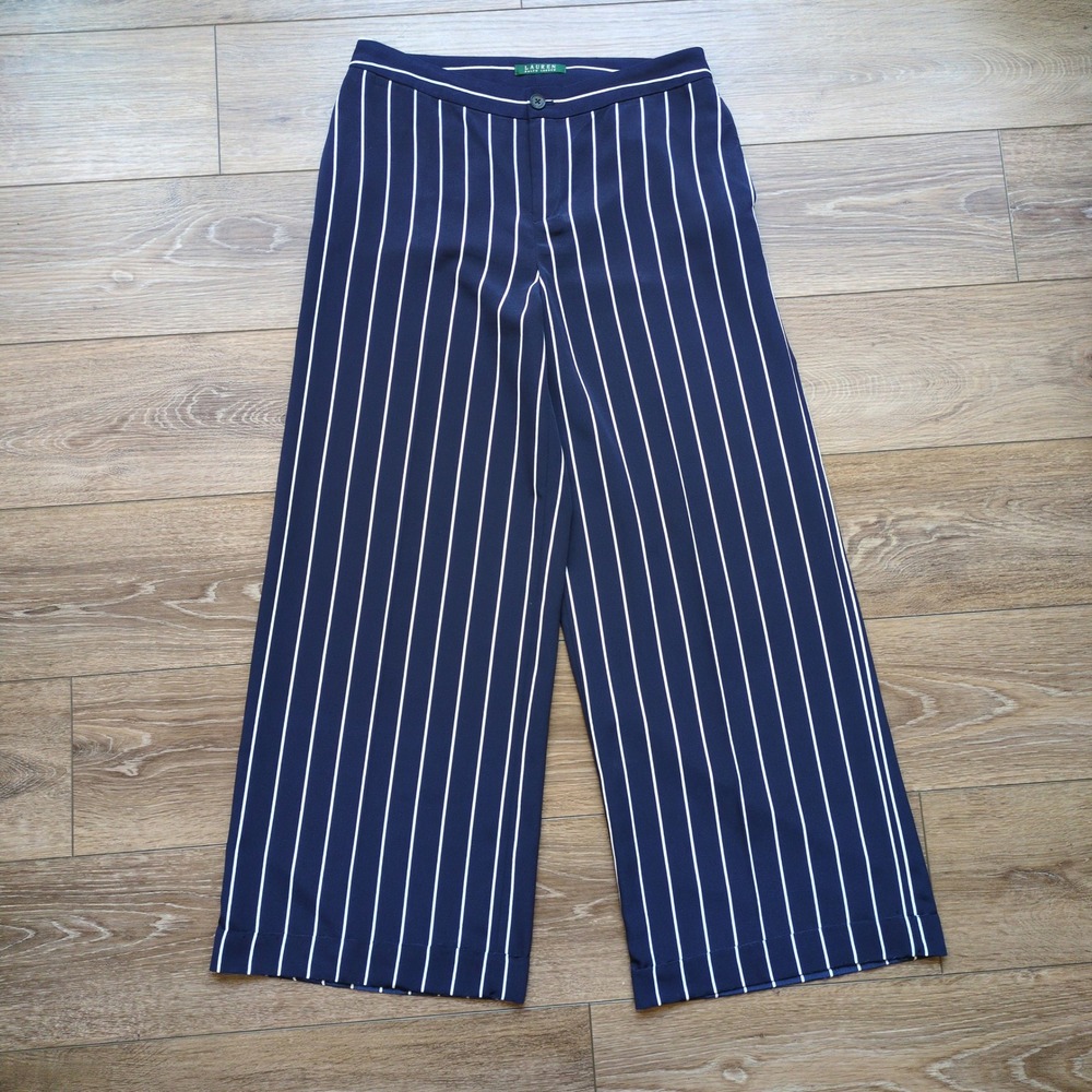 Lauren Ralph Lauren Wide Leg Pants Navy Blue White Striped Flowy Nautical 8